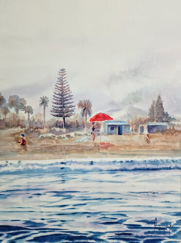 le parasol rouge sur la plage by MACARENA SANZ, Painting for Sale on Select