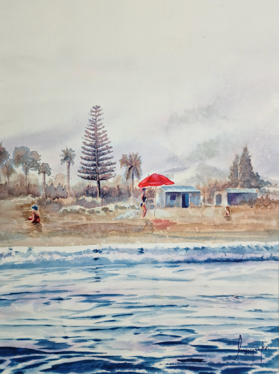 le parasol rouge sur la plage MACARENA SANZ Original painting for sale