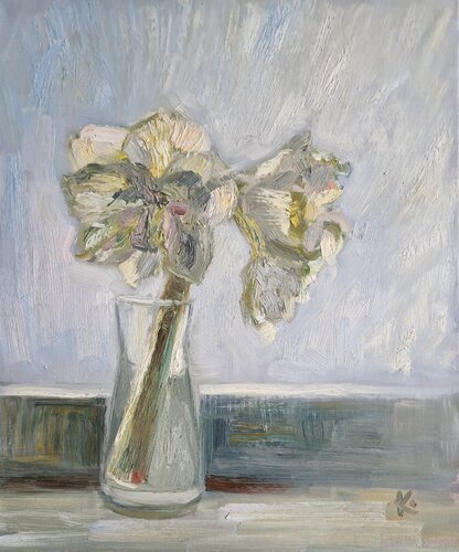Still-life with red Amaryllis "Winter light" by Olena Kolotova, Painting for Sale on Select