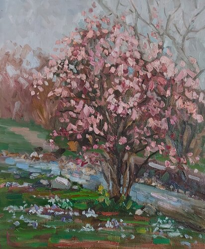 SPRING LANDSCAPE "BLOOMING TREE" by Olena Kolotova, Painting for Sale on Select