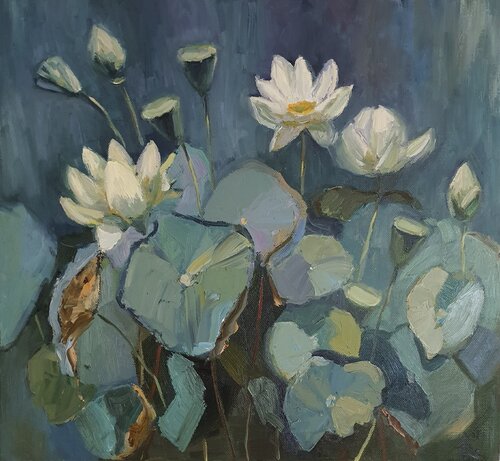 "Water flowers Lotus" by Olena Kolotova, Painting for Sale on Select