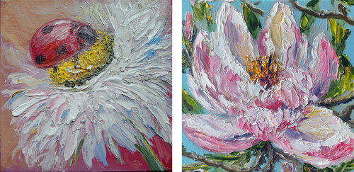 Set Natura Tattile (2 pezzi) - Coccinella e Magnolia 20x20 cm by Maria Galan, Painting for Sale on Select