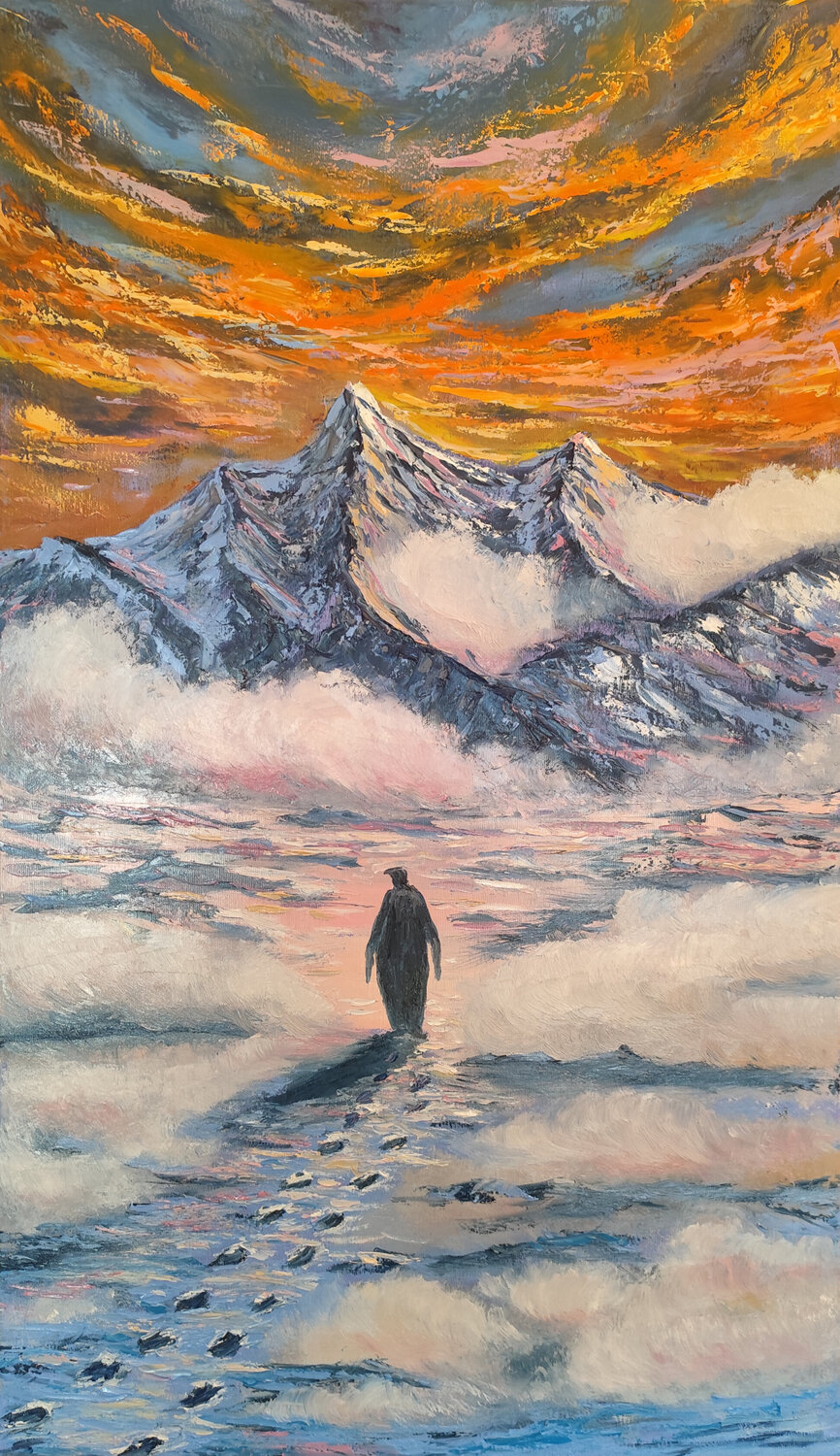 Viaggio dell' anima. Pinguino e la montagna. Maria Galan Original painting for sale