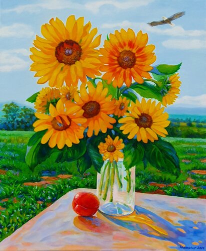 Sunflowers play in the sun. by Nata Shemshur, Painting for Sale on Select