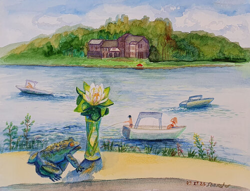 Summer Day at the Lake. Frog and Lotus by Nata Shemshur, Painting for Sale on Select