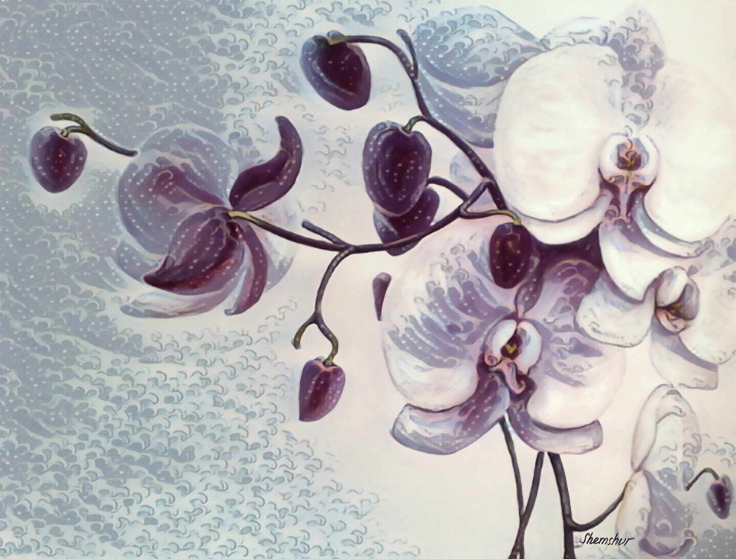 Orchid in the style of Ukiyo E Nata Shemshur Original painting for sale