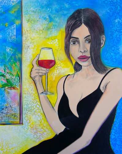 Woman drinking red wine by Veronika Ban, Painting for Sale on Select