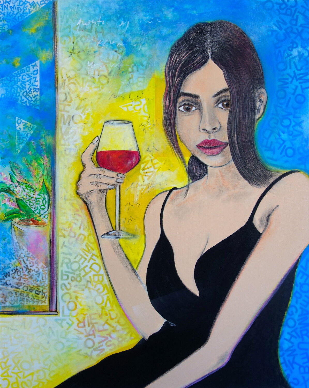 Woman drinking red wine Veronika Ban Original painting for sale