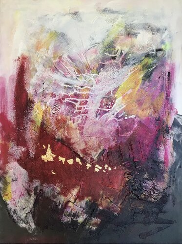 Phönix - Neuanfang und die Unsterblichkeit der Seele vereint in einer zeitlos eleganten abstrakten Komposition in einem leichten 3d Effekt und goldfarben Akzenten by Susanna Schorr, Painting for Sale on Select