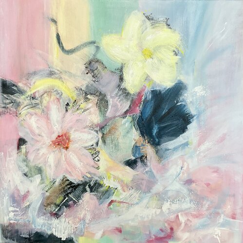 Chakren Blume im Fluss des Lebens pastellfarbene Töne abstrakt by Susanna Schorr, Painting for Sale on Select