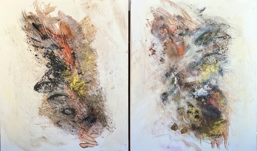 Seelenflüstern der Natur - Diptychon abstrakt in hellen Erdfarben by Susanna Schorr, Painting for Sale on Select