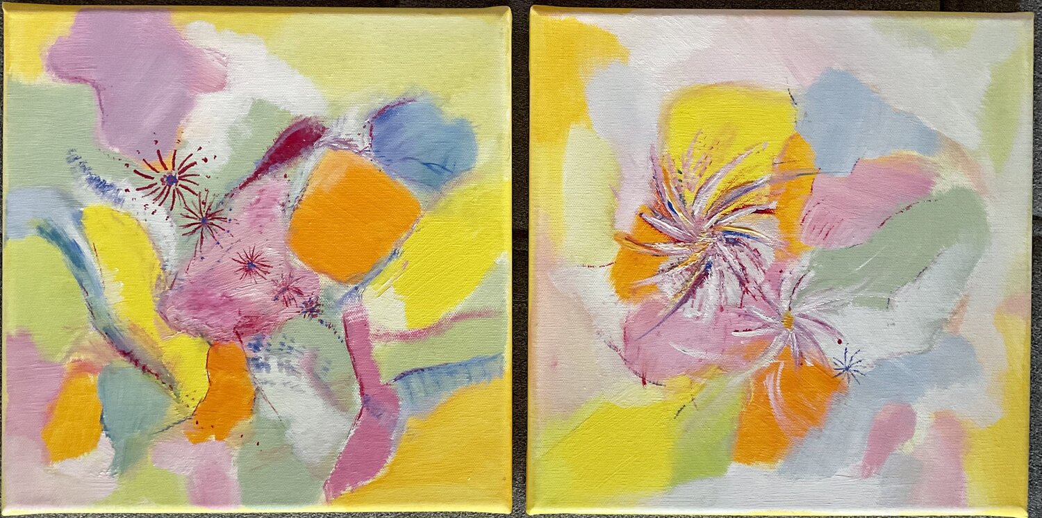 „Glückssterne“ - abstraktes farbenfrohes Duo Diptychons zusammen 60 x 30 cm Susanna Schorr Original painting for sale