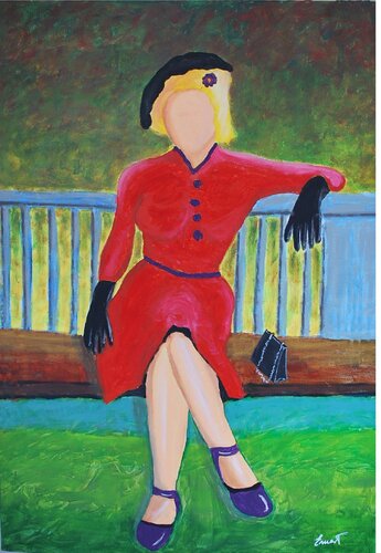 Mujer de rojo en banco by Ernest Carneado Ferreri, Painting for Sale on Select
