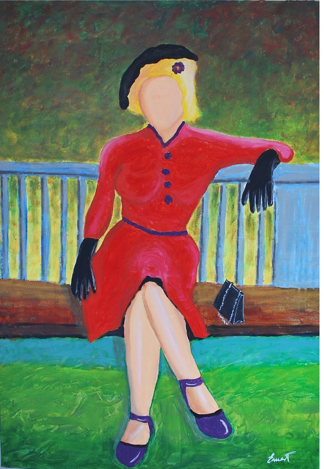 Mujer de rojo en banco Ernest Carneado Ferreri Original painting for sale