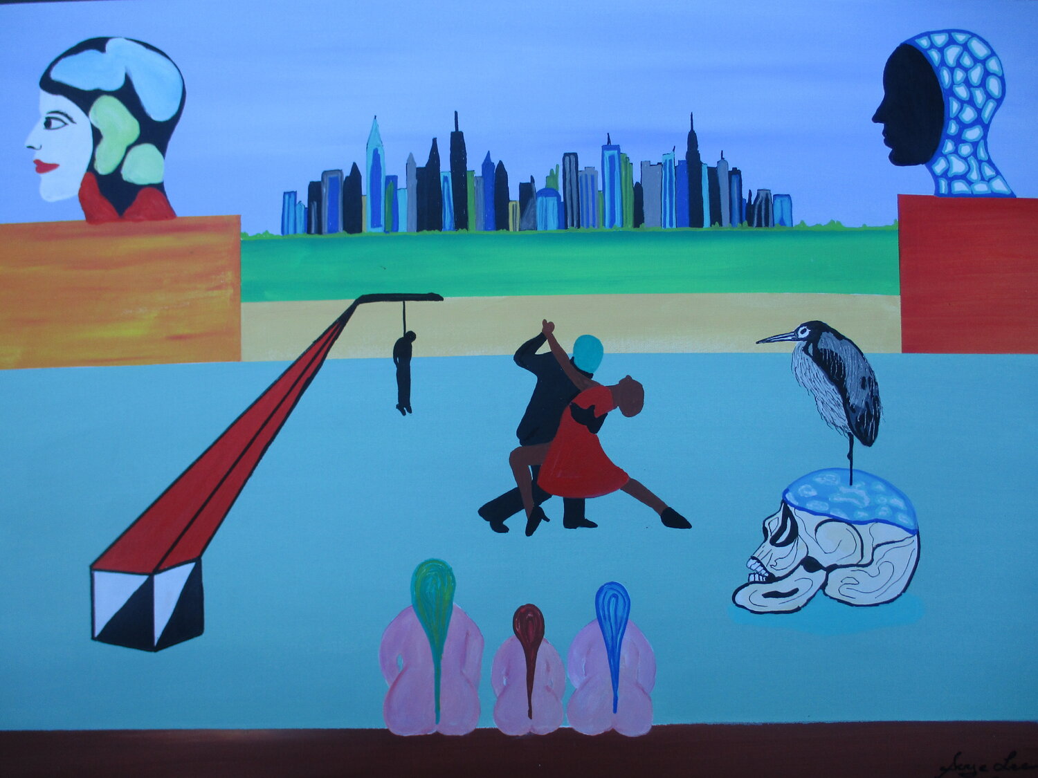 Three nudists watrching tango dancers at a hanging Serge Lecomte Original painting for sale