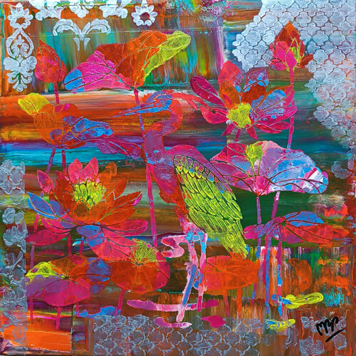WILD NATURE COLLECTION – HAPPY CRANE ON THE LAKE by Montse Barberà Pujol, Painting for Sale on Select