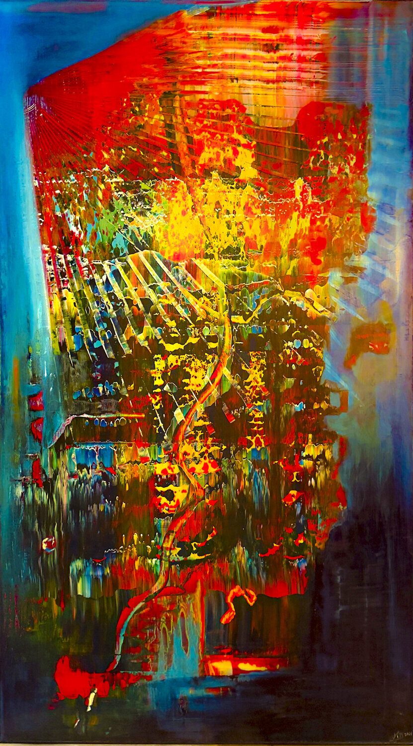 DEIN EIGENER PLATZ - 2026 144x81cm – Acryl auf Metall, in schwarzem Eichenholz gerahmt Katharina Dustmann Original painting for sale