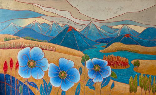 Blue poppies and mountain by Mary Voloshyna, Painting for Sale on Select