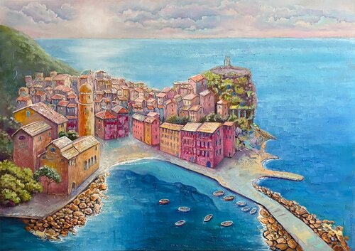 Blue sea near the city by Mary Voloshyna, Painting for Sale on Select