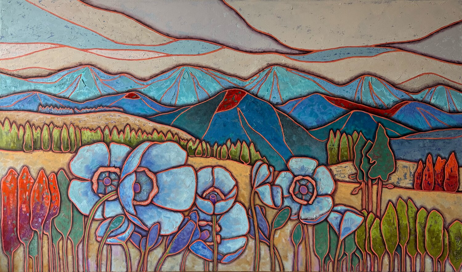 Blue poppies in the mountains Mary Voloshyna Original painting for sale