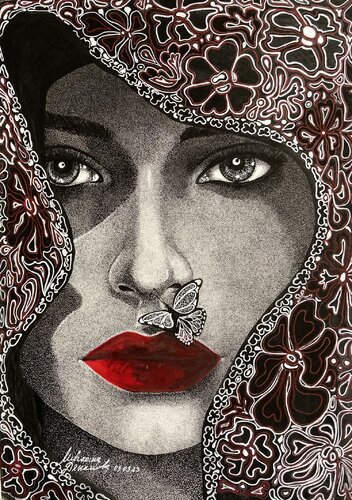 Butterfly Woman with Red Lips by Miglena Dyankova, Drawing for Sale on Select