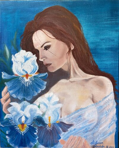 The Lady with Irises by Miglena Dyankova, Painting for Sale on Select