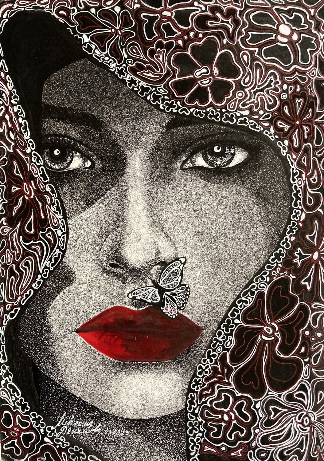 Butterfly Woman with Red Lips Miglena Dyankova Drawing for sale
