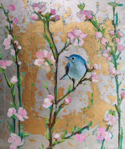 An Ordinary Day on a Peach Tree (floral composition in silver, gold and pink) by Andrea Bassi, Painting for Sale on Select