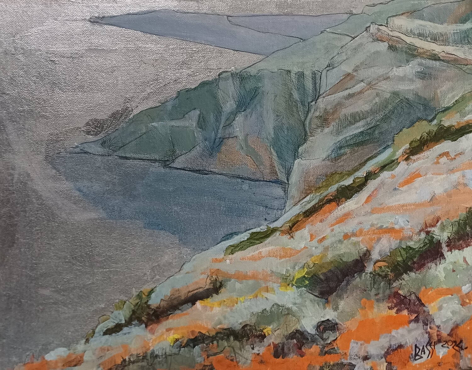 Autumn day, orange afternoon..Silver road and silver sea. . Andrea Bassi Original painting for sale