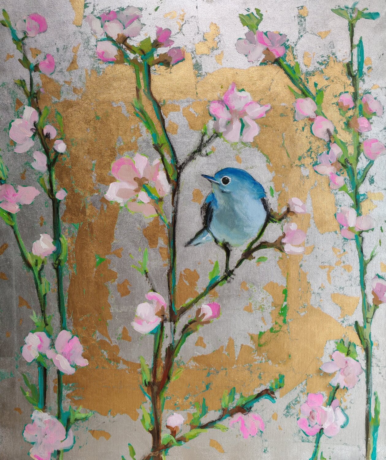 An Ordinary Day on a Peach Tree (floral composition in silver, gold and pink) Andrea Bassi Original painting for sale
