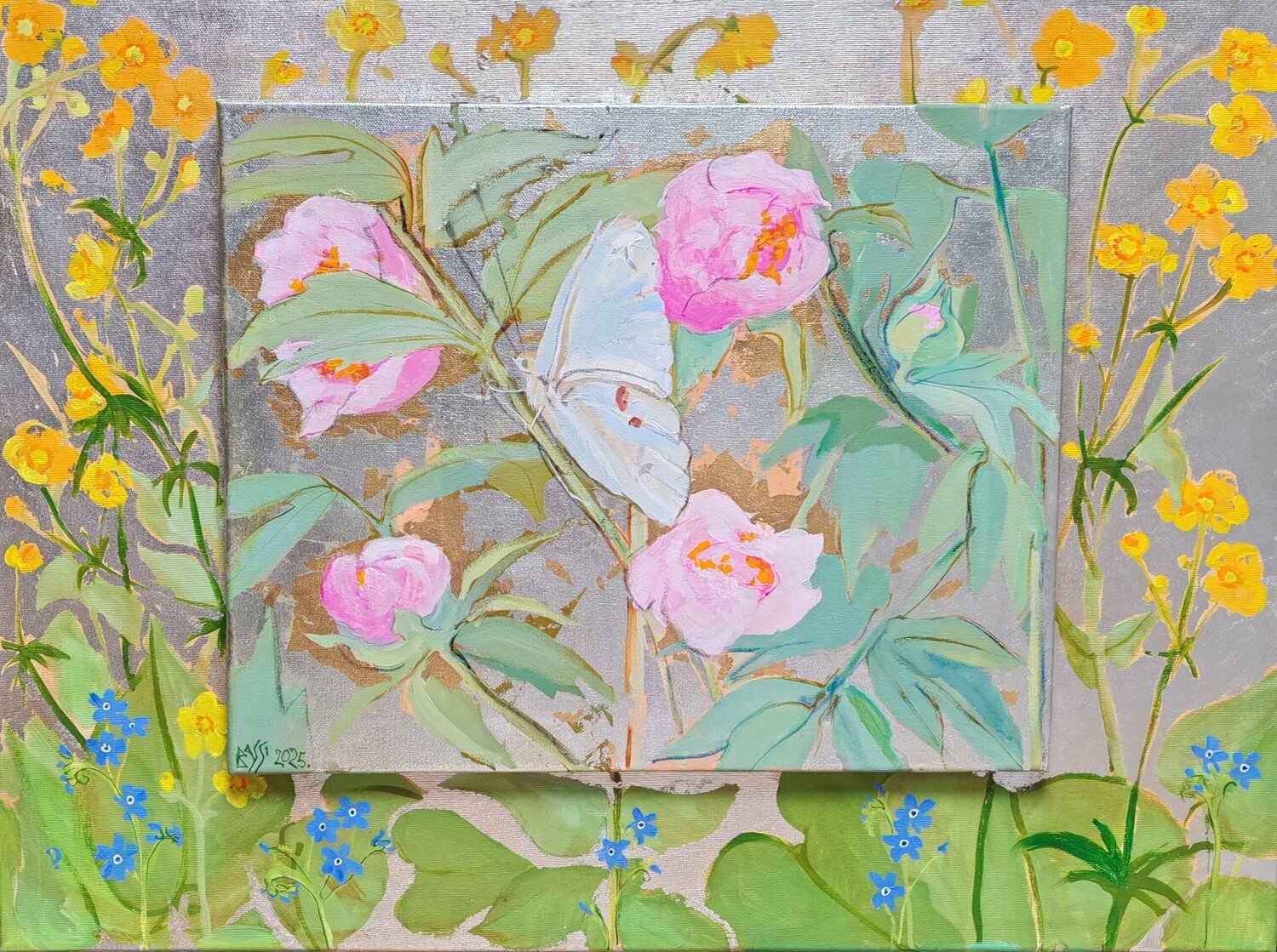 Spring Time Abundance (floral composition with butterfly) Andrea Bassi Original painting for sale