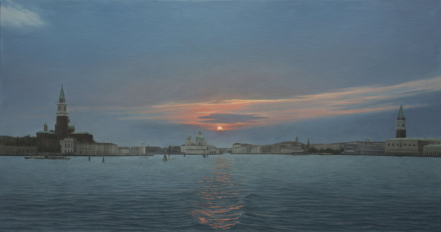 Venedig Abendstimmung mit Blick auf die Salute Kirche Manfred Hönig Original painting for sale