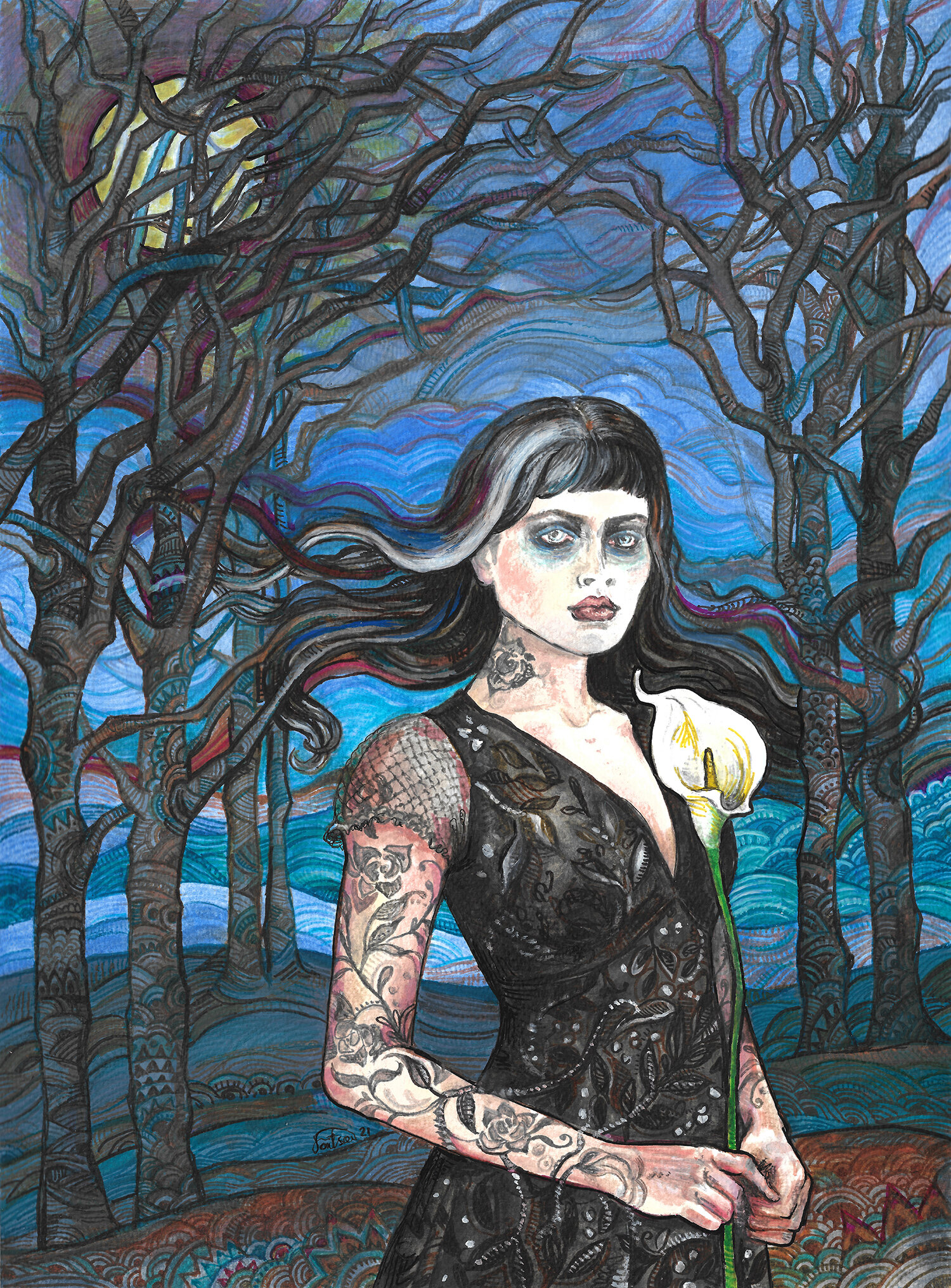 Full Moon - Goth Woman Holding a Calla Lilly
