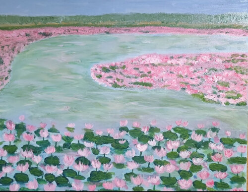 The lotus flower lake by Miriam Brussato, Painting for Sale on Select