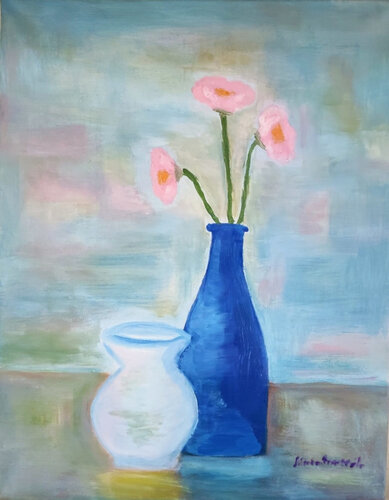 Pink flowers in the blue bottle by Miriam Brussato, Painting for Sale on Select