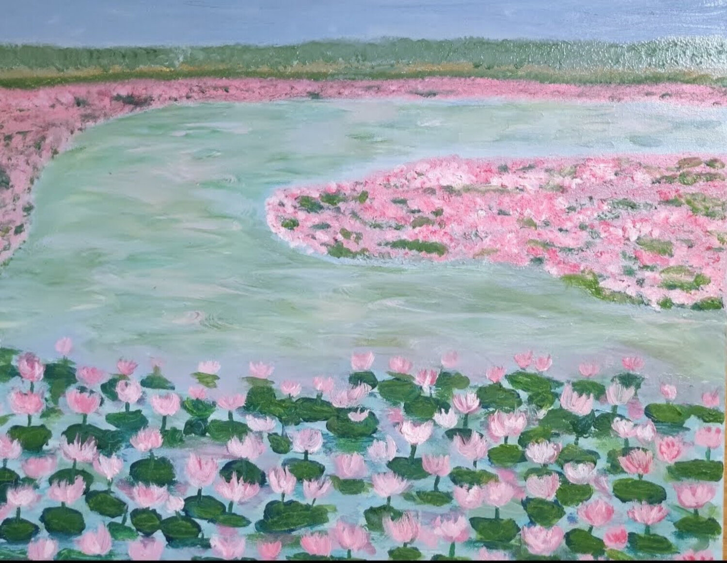 The lotus flower lake Miriam Brussato Original painting for sale
