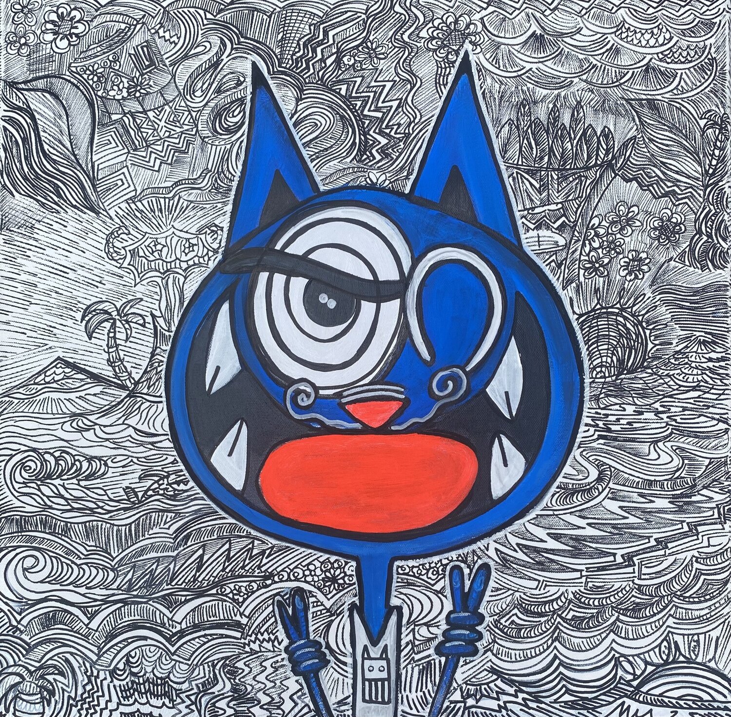 Vive les fleurs et le chat bleu, dit Paolo SEB PAUL MICHEL Original painting for sale