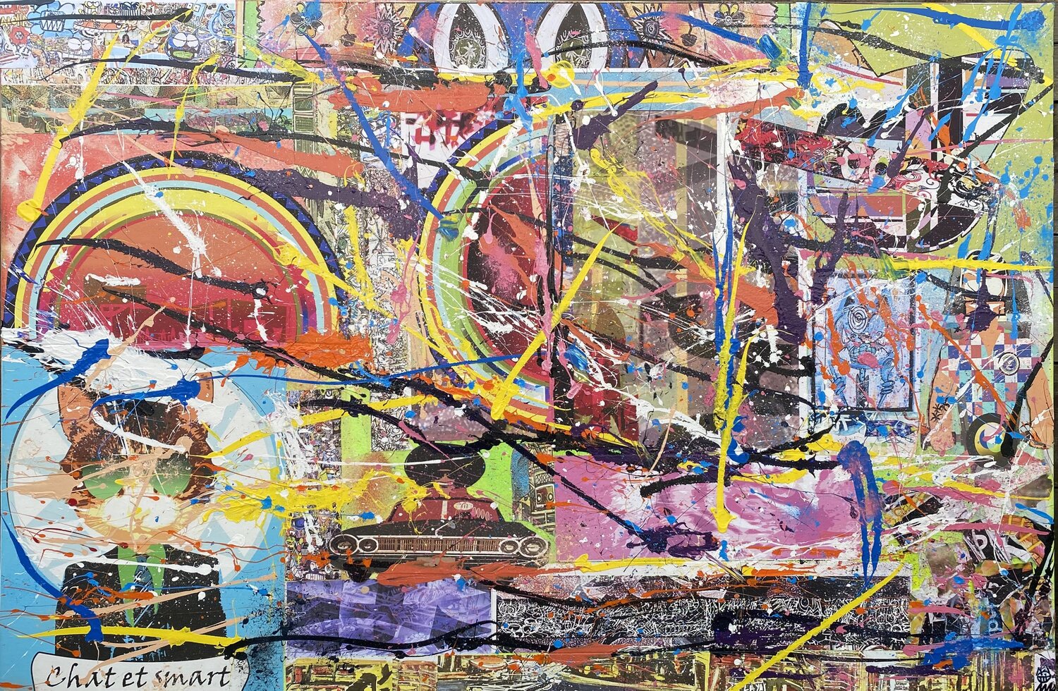 Vive les fleurs, les chats, la peinture et les collages SEB PAUL MICHEL Original painting for sale