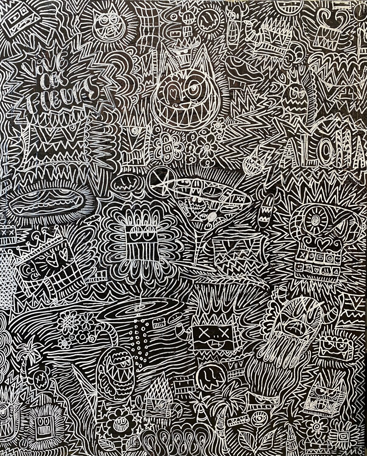 Vive les fleurs, les chats et les cocktails en noir et blanc SEB PAUL MICHEL Original painting for sale