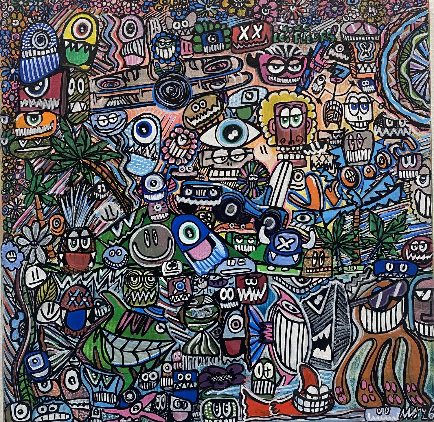 Vive les fleurs et les poissons SEB PAUL MICHEL Original painting for sale