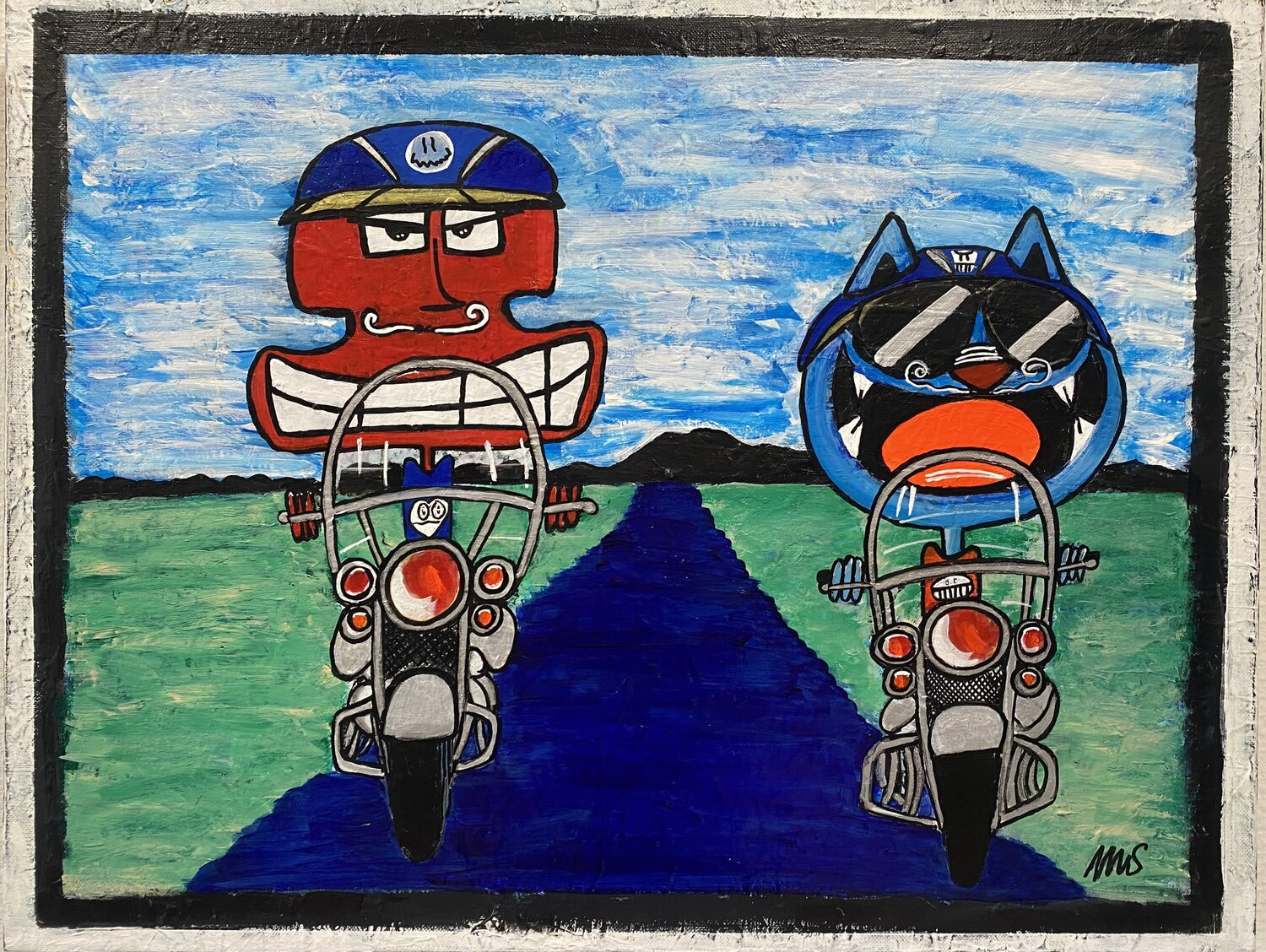 Vive les fleurs et la moto SEB PAUL MICHEL Original painting for sale