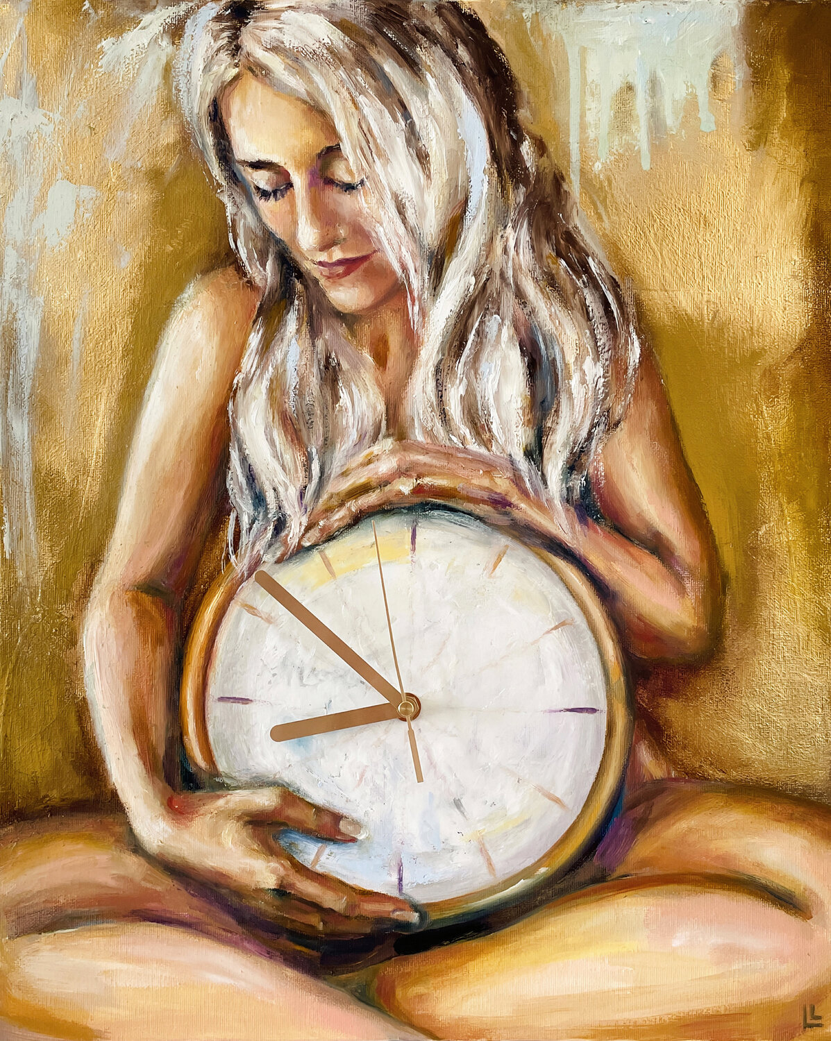 Expectations, woman with clock Leah Larisa Bunshaft Original painting for sale