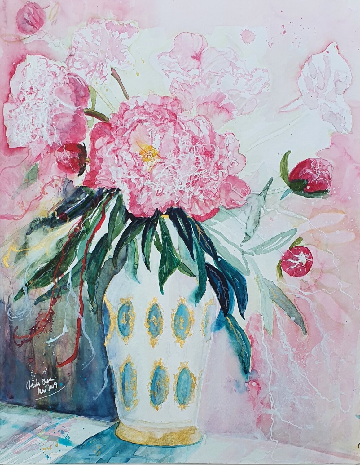 Summerdream with pink peonies Ursula Gnech Original painting for sale