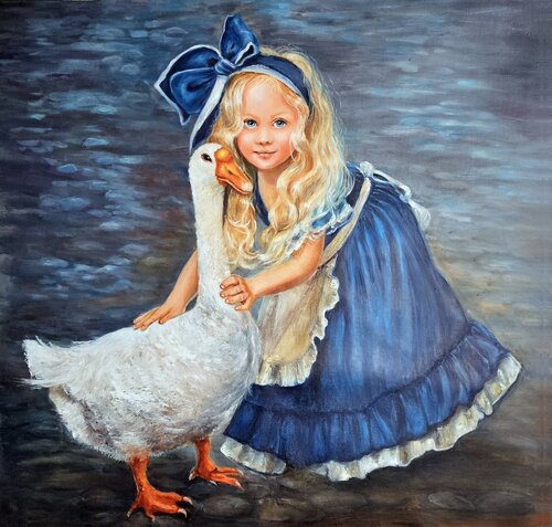 Child with goose by Olga Begisheva K., Painting for Sale on Select