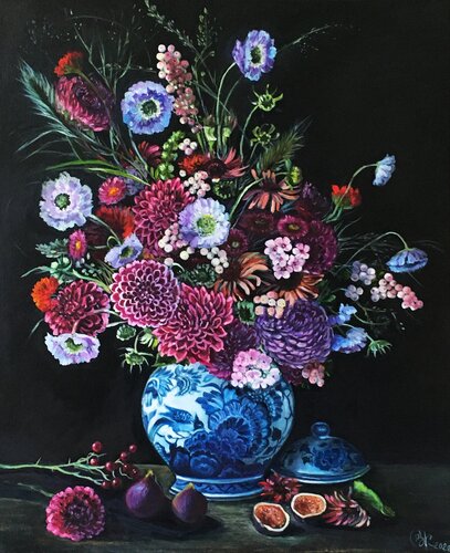 Flower bouquet in a blue vase by Olga Begisheva K., Painting for Sale on Select