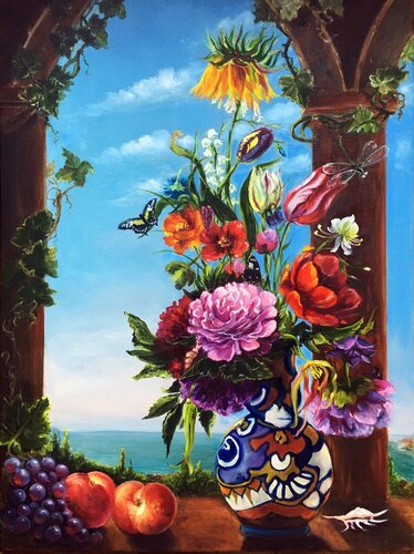 Still life with butterfly and dragonfly or Flowers in a ceramic vase by Olga Begisheva K., Painting for Sale on Select