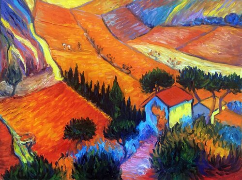 Landscape with House and Ploughman by V. Van Gogh by Olga Begisheva K., Painting for Sale on Select