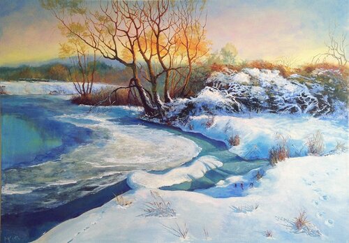 By the River. Winter Landscape. by Olga Begisheva K., Painting for Sale on Select