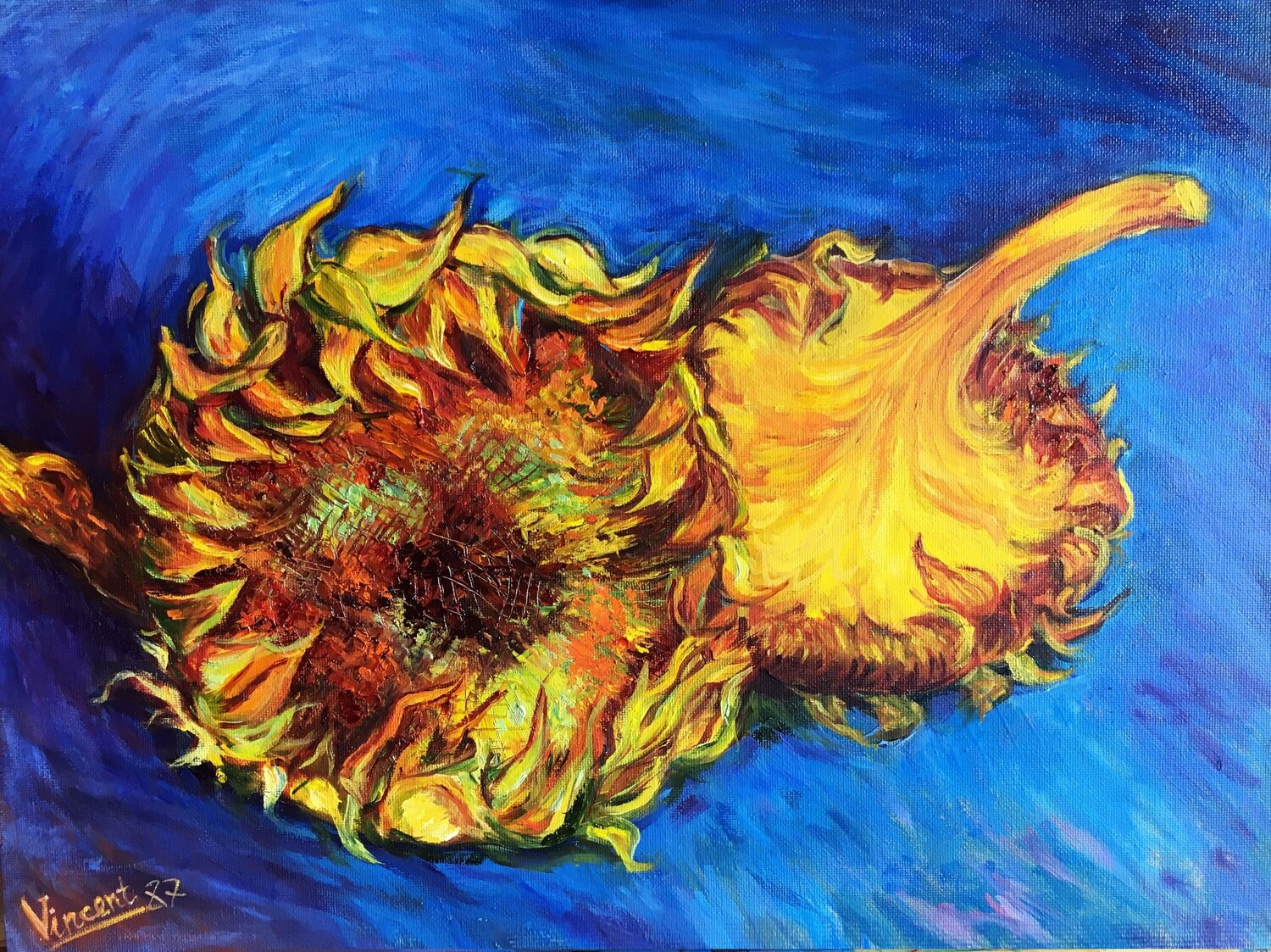 Two sunflowers by Vincent Van Gogh. Oil Reproduction. Olga Begisheva K. Original painting for sale