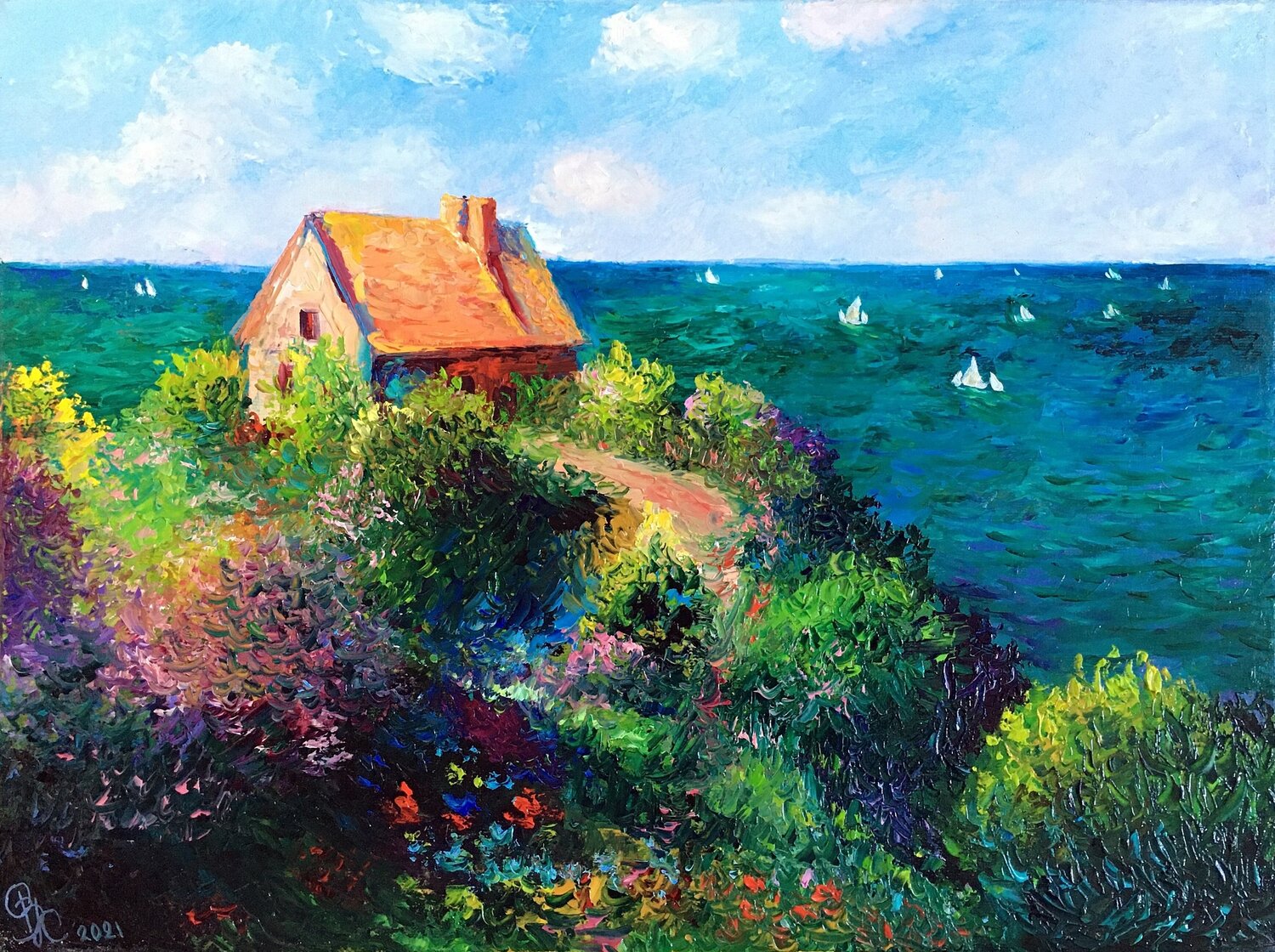 Fisherman's Cottage on the Cliffs at Varengeville by C. Monet. Oil Reproduction Olga Begisheva K. Original painting for sale